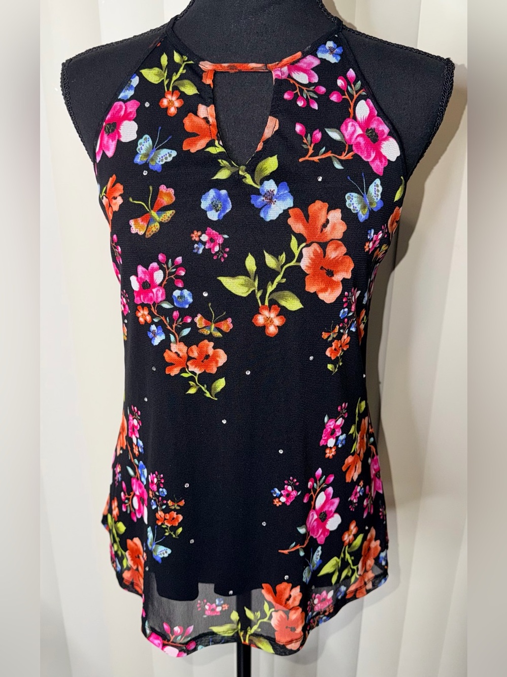 INC Women's Embellished Halter Top Black Multicolor Floral Rhinestone Sz S